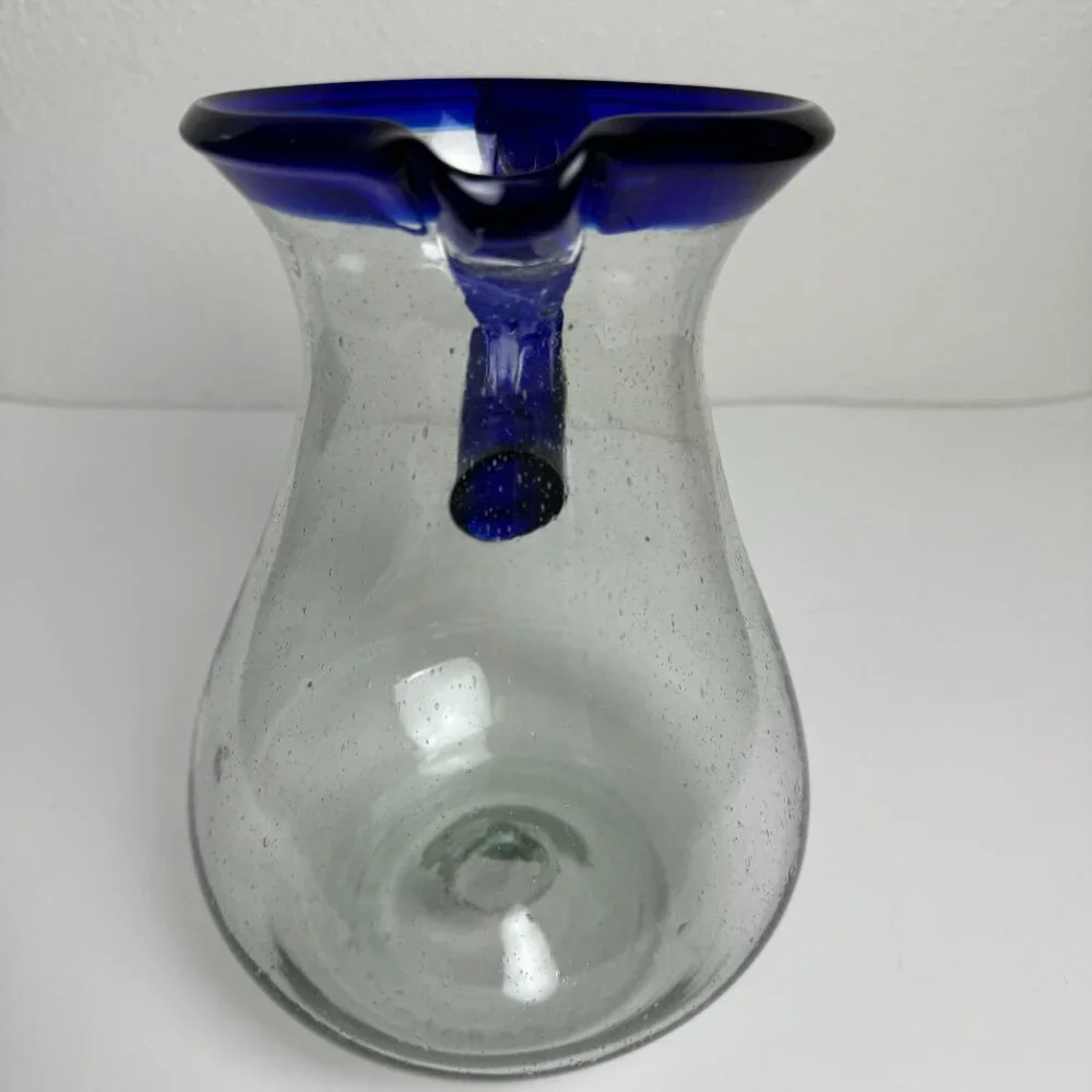 Vintage Hand Blown Cobalt Blue Rim Handle Glass Pitcher